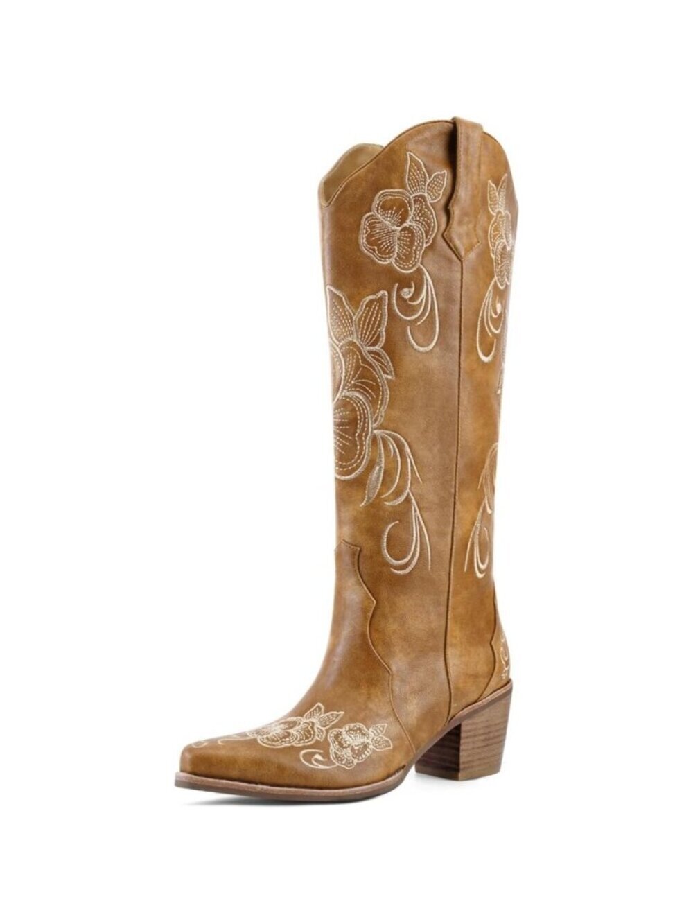 Women Light Brown Knee High Cowgirl Western Boots Pointed Toe Chunky Block Heel